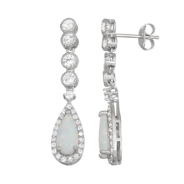 Sterling Silver Lab-created Opal & White Sapphire Teardrop Earrings, Women's