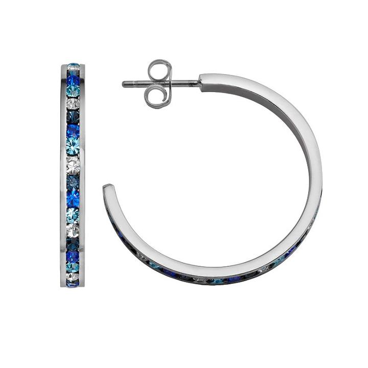 Traditions Sterling Silver Blue And White Swarovski Crystal Hoop Earrings, Women's