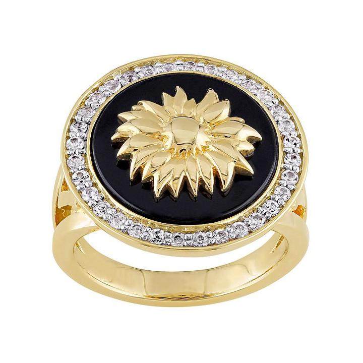 V19.69 Italia 18k Gold Over Silver Black Agate Sunflower Ring, Women's, Size: 6