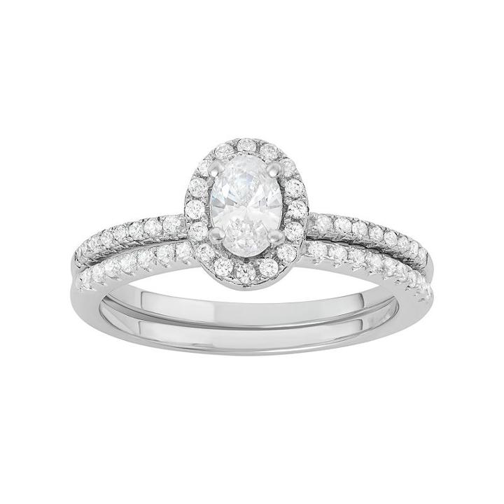 Sterling Silver Cubic Zirconia Halo Engagement Ring Set, Women's, Size: 8, White