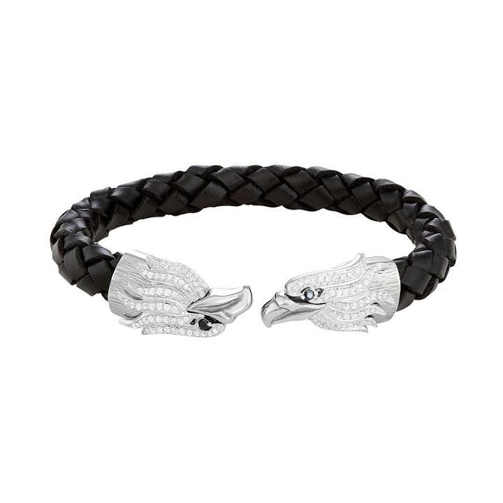 Men's Stainless Steel & Black Leather Cubic Zirconia Eagle Cuff Bracelet, Size: 8.5