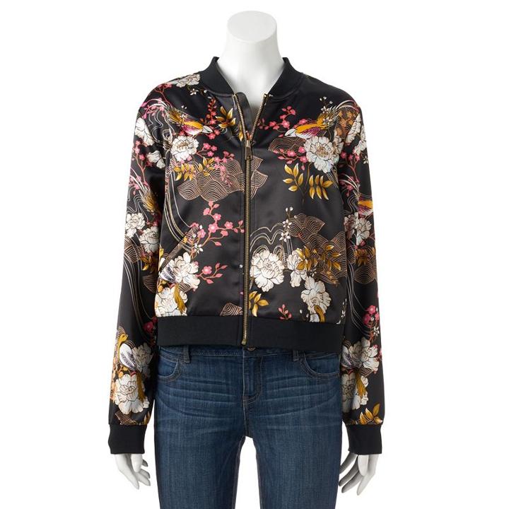 Plus Size Jennifer Lopez Floral Bomber Jacket, Women's, Size: 0x, Black