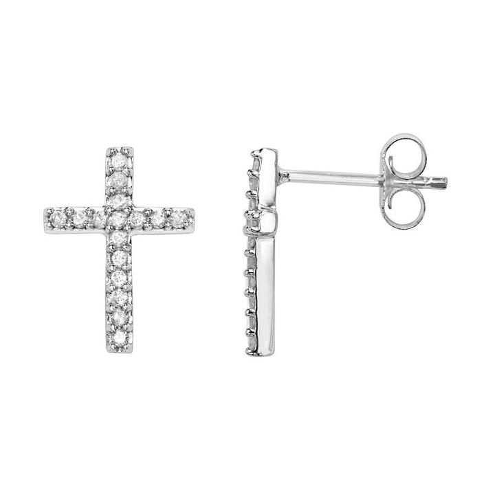 Sterling Silver 1/4 Carat T.w. Diamond Cross Stud Earrings, Women's, White