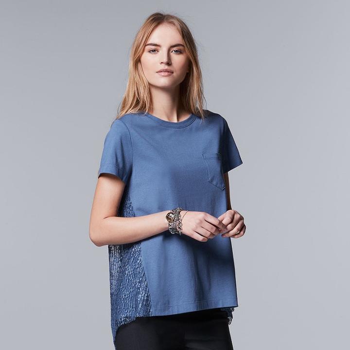 Petite Simply Vera Vera Wang Lace-back Crewneck Top, Women's, Size: S Petite, Blue (navy)