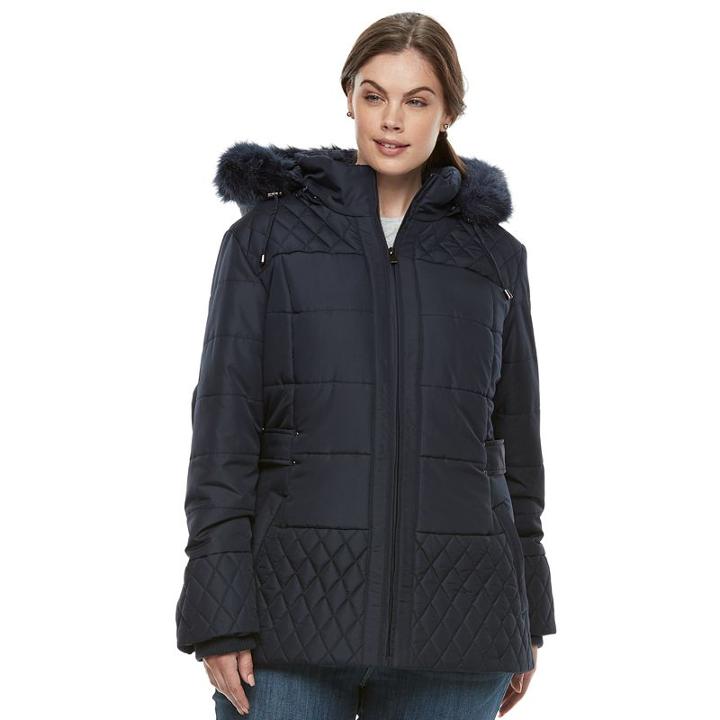 Plus Size Details Faux-fur Quilted Jacket, Women's, Size: 1xl, Blue