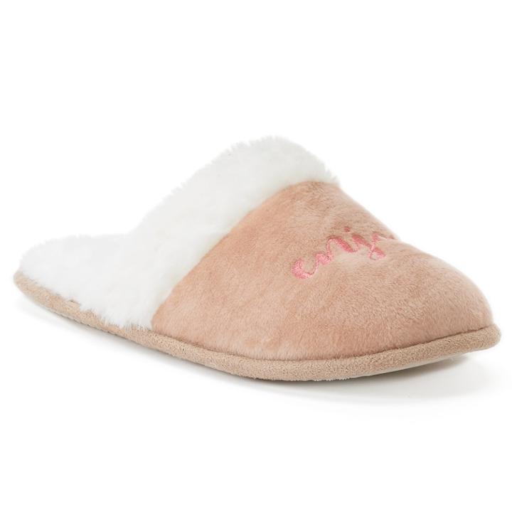 Women's Love This Life Embroidered Faux Fur Slippers, Size: Medium, Dark Beige