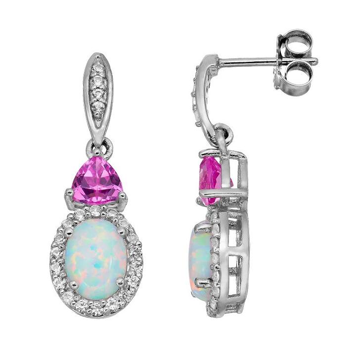 Lab-created Opal & Gemstone Sterling Silver Halo Drop Earrings, Women's, White