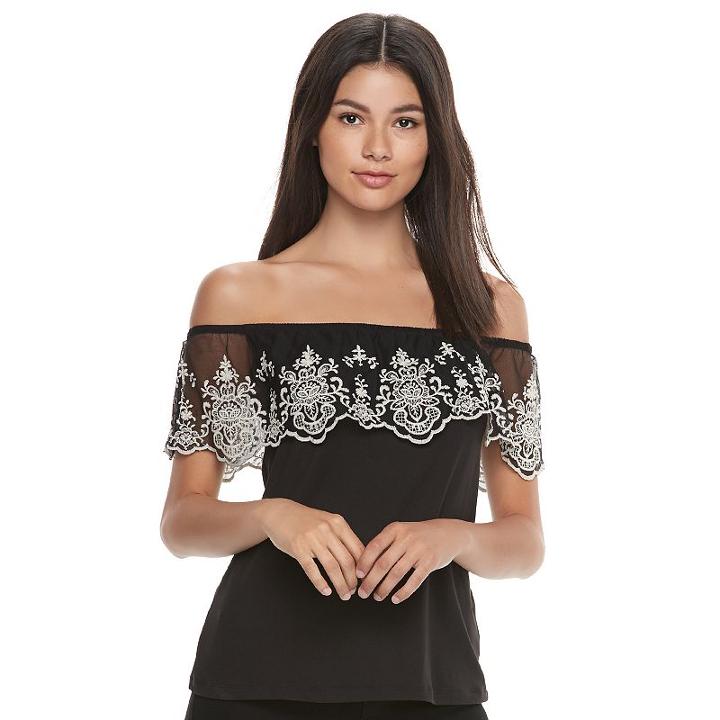 Juniors' Trixxi Embroidered Off The Shoulder Top, Teens, Size: Medium, Black