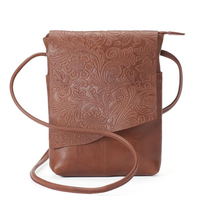 Ili Rfid-blocking Floral Embossed Leather Flap Crossbody Bag, Women's, Brown