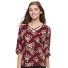 Juniors' Pink Republic Print Cross Front Top, Teens, Size: Small, Med Purple