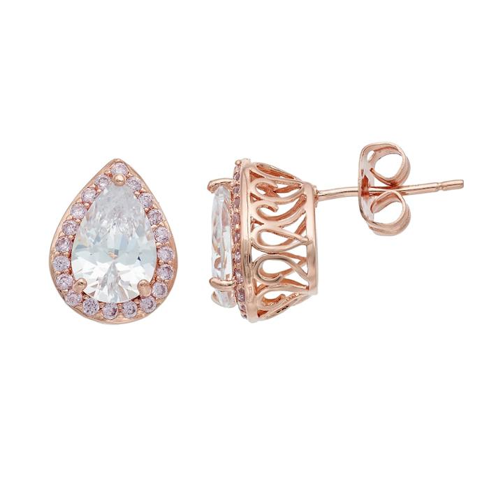 Lily & Lace 14k Rose Gold Plated Cubic Zirconia Teardrop Halo Stud Earrings, Women's, White