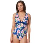 Women's Pink Envelope Floral Plunging One-piece Swimsuit, Size: Medium, Blue (navy)
