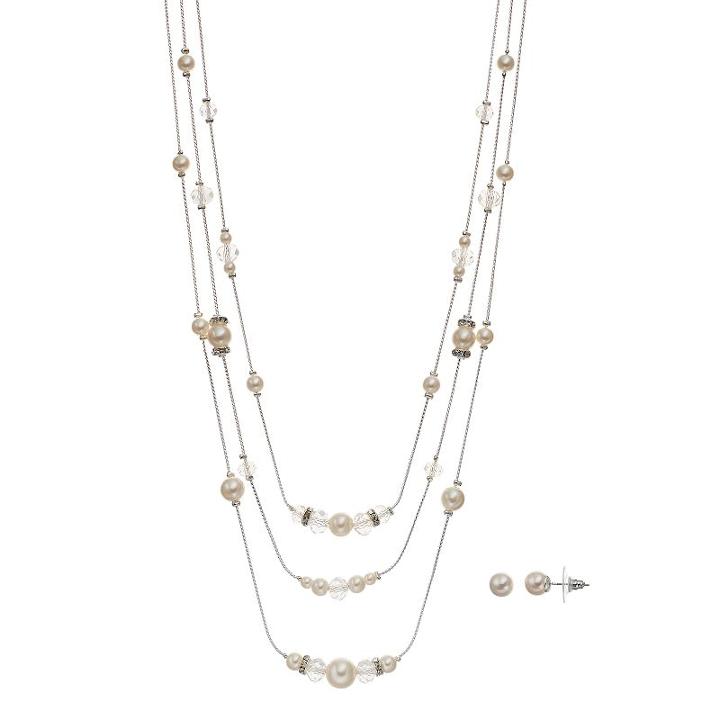 Simulated Pearl Multi Strand Necklace & Stud Earring Set, Women's, White