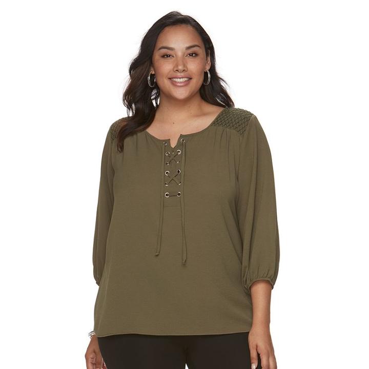 Plus Size Apt. 9&reg; Lace-up Crepe Top, Women's, Size: 0x, Dark Green