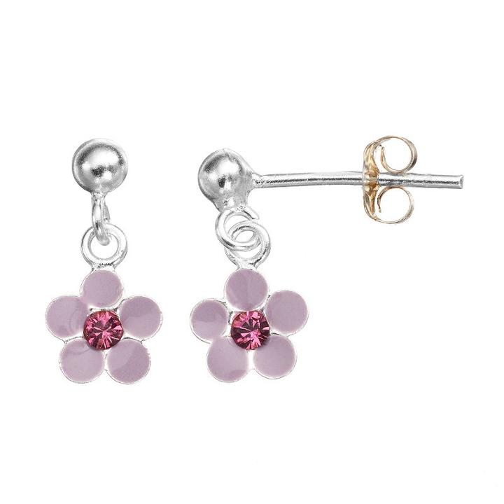 Charming Girl Sterling Silver Crystal Flower Drop Earrings - Made With Swarovski Crystals - Kids, Pink