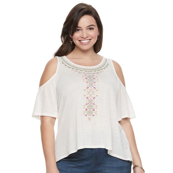 Juniors' Plus Size Mudd&reg; Print Cold Shoulder Top, Girl's, Size: 2xl, White Oth