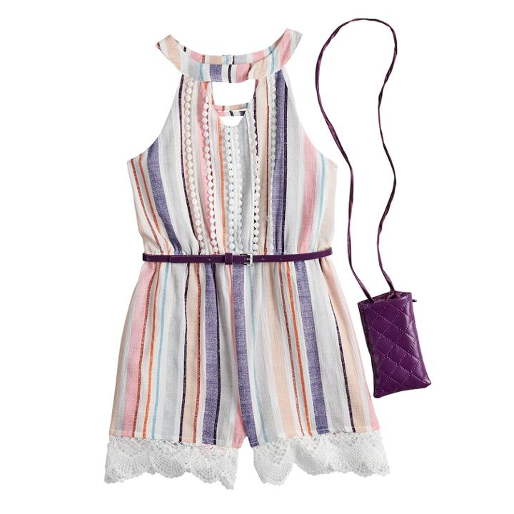 Girls 7-16 Beauteez Lace & Tassel Trim Belted Romper With Purse, Size: 12, Purple