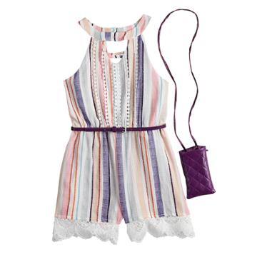 Girls 7-16 Beauteez Lace & Tassel Trim Belted Romper With Purse, Size: 12, Purple