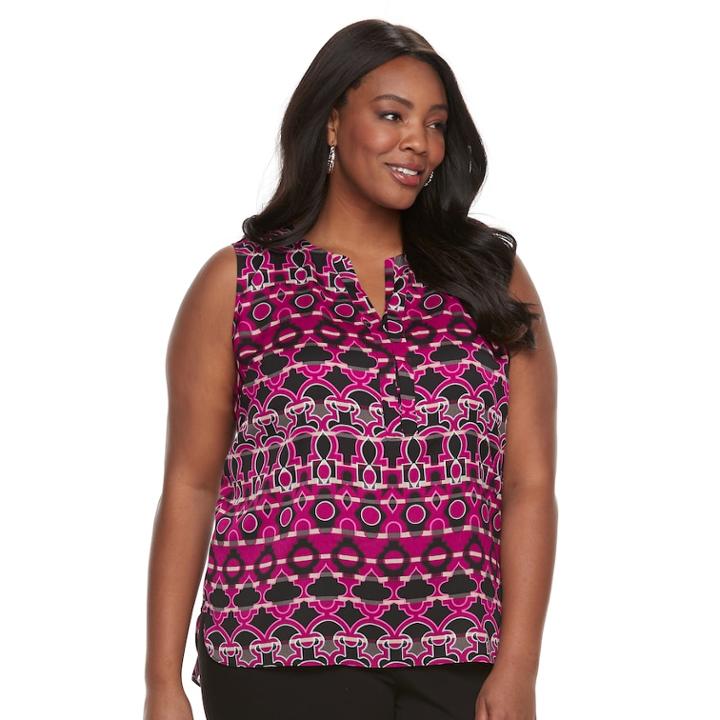 Plus Size Dana Buchman Print Splitneck Tank, Women's, Size: 3xl, Dark Pink