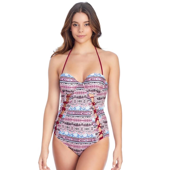 Women's Island Soul Curves Crisscross Push-up One-piece Swimsuit, Size: Medium, Burgundy Print