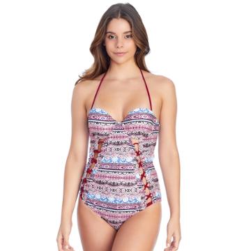 Women's Island Soul Curves Crisscross Push-up One-piece Swimsuit, Size: Medium, Burgundy Print