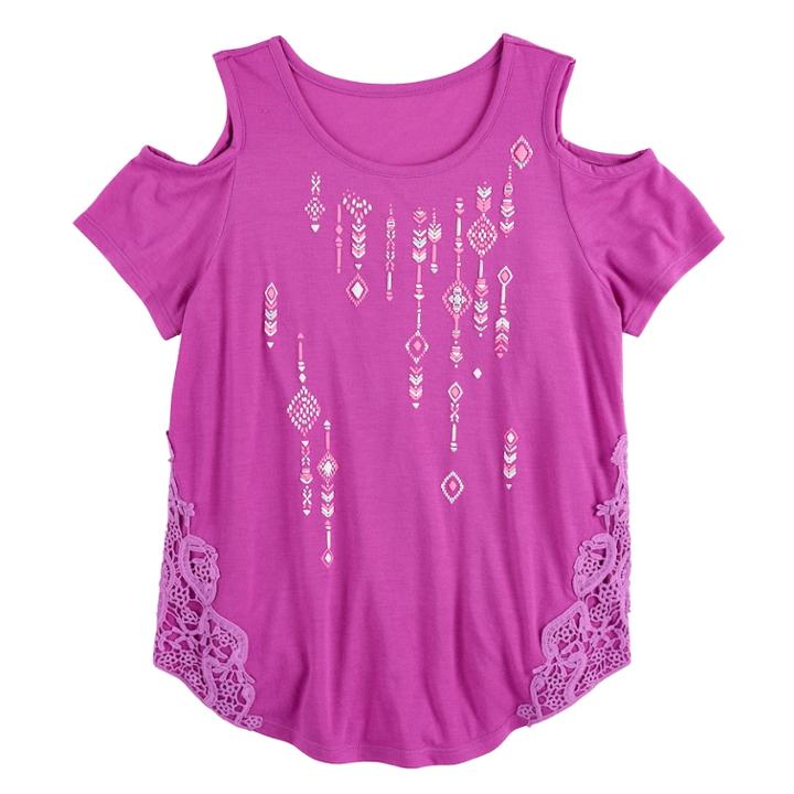 Girls 7-16 Mudd&reg; Cold Shoulder Crochet Pieced Tee, Size: 16, Pink