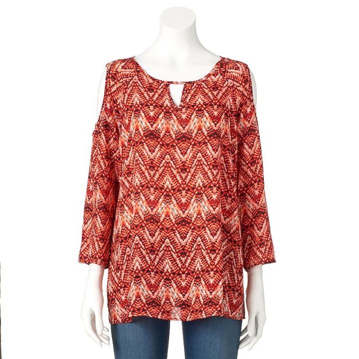 Women's Double Click Printed Cold-shoulder Top, Size: Xl, Red