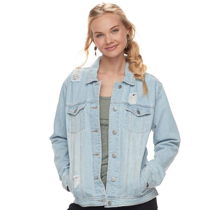 Juniors' Love, Fire Oversized Love Ripped Jean Jacket, Teens, Size: Medium, Brt Blue