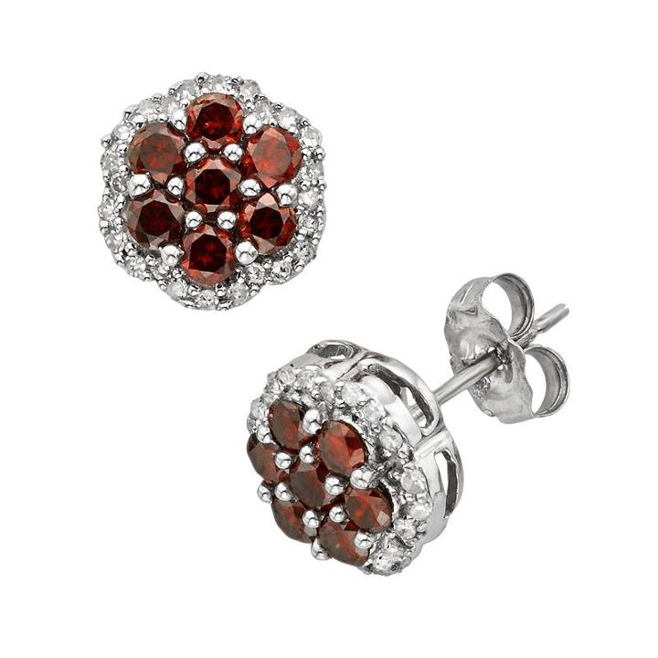 Sterling Silver 1/2-ct. T.w. Red And White Diamond Flower Stud Earrings, Women's