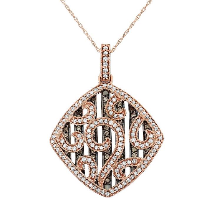 1 1/5 Carat T.w. Brown And White Diamond 10k Rose Gold Scrollwork Pendant Necklace, Women's, Size: 18