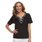 Women's Cathy Daniels Embroidered Trim Mock-layer Top, Size: Xl, Black