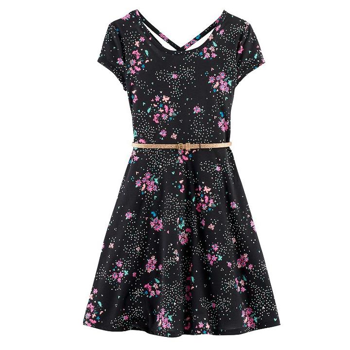 Girls Plus Size So&reg; Double Criss-cross Back Belted Skater Dress, Size: 20 1/2, Black