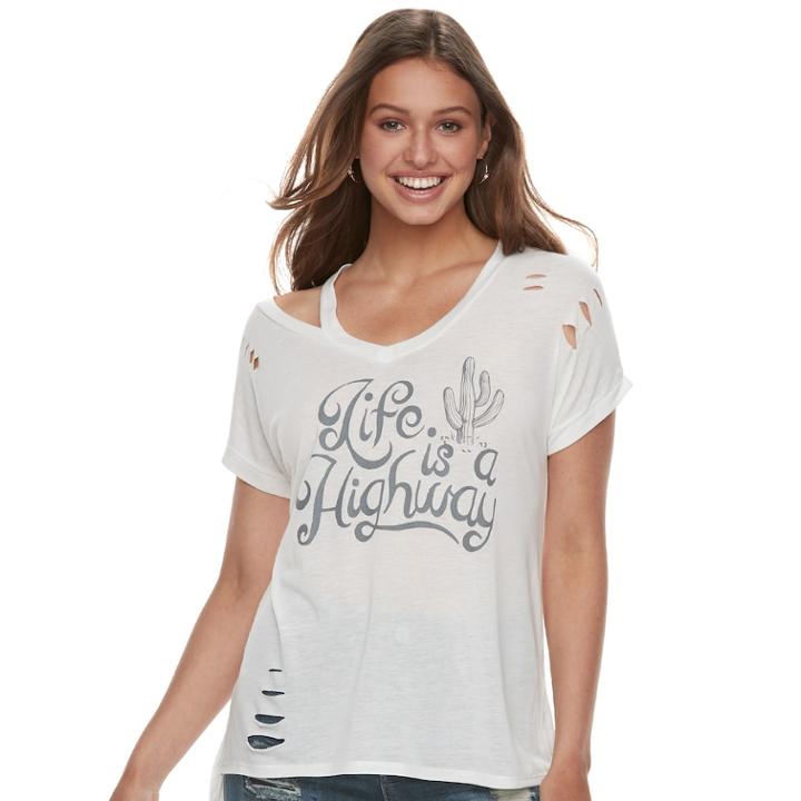 Juniors' Life Is A Highway Destructed Graphic Tee, Teens, Size: Xs, White