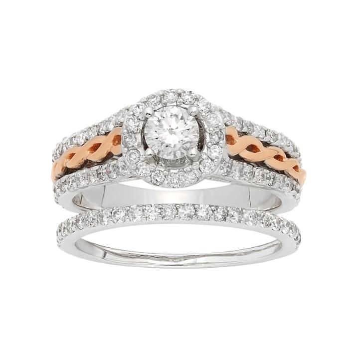 14k White Gold 1 Carat T.w. Igl Certified Diamond Halo Engagement Ring Set, Size: 7