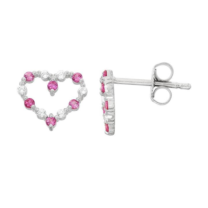 Junior Jewels Kids' Sterling Silver Cubic Zirconia Heart Stud Earrings, Women's, Red
