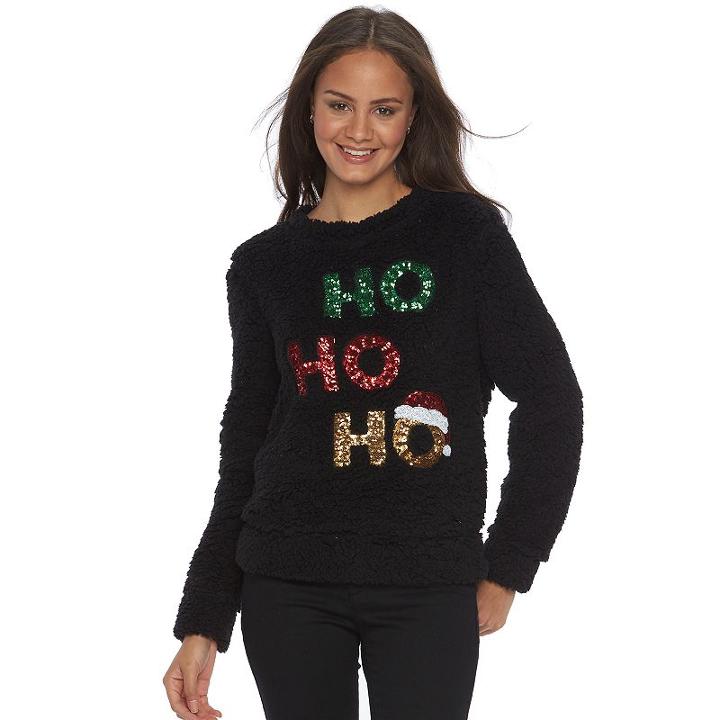 Juniors' Miss Chievous Sherpa Holiday Sweater, Girl's, Size: Medium, Black