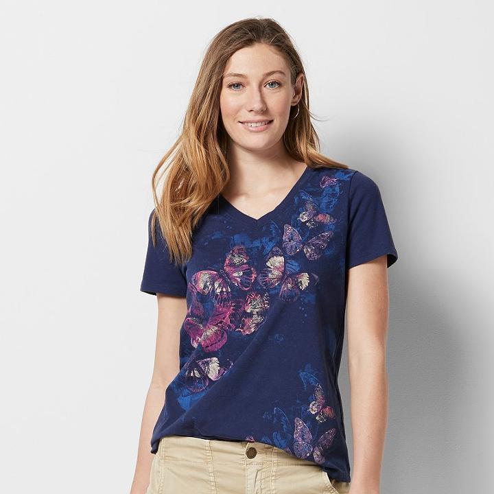 Women's Graphic V-neck Tee, Size: Xl, Dark Blue