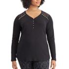 Plus Size Chaps Lace Trim Cotton Henley, Women's, Size: 3xl, Black