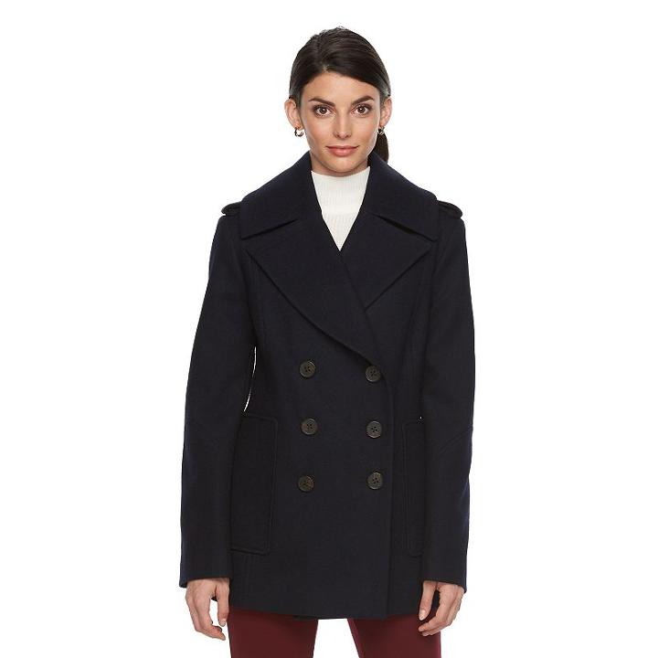 Women's Croft & Barrow&reg; Double-breasted Wool Blend Peacoat, Size: Large, Blue (navy)
