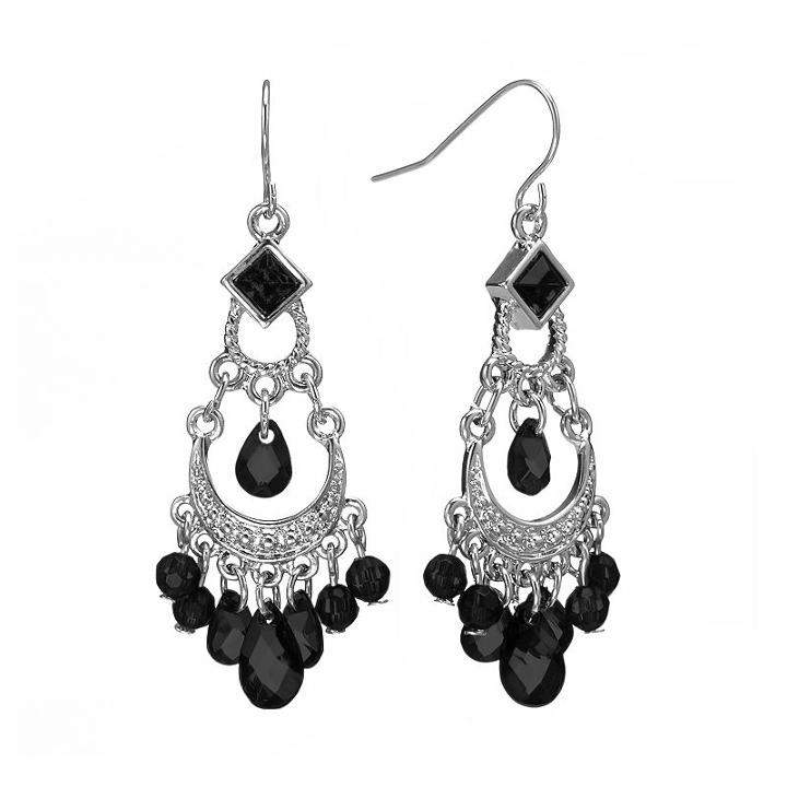 1928 Silver Tone Bead Chandelier Earrings, Women's, Black