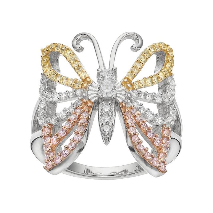 Tri Tone 18k Gold Over Silver Cubic Zirconia Butterfly Ring, Women's, Size: 7, Multicolor