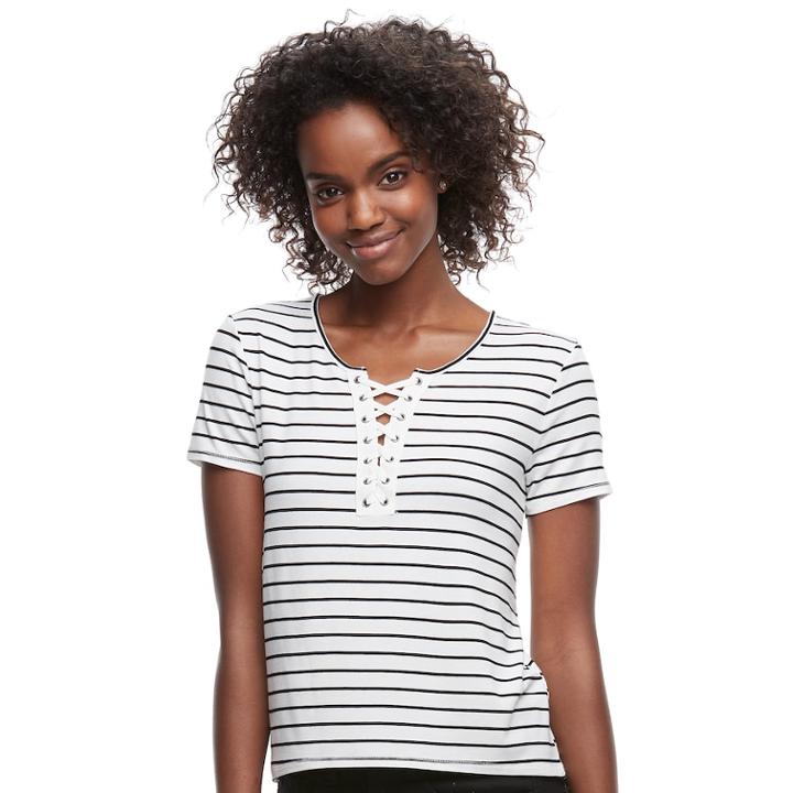 Juniors' So&reg; Striped Lace-up Tee, Teens, Size: Small, White