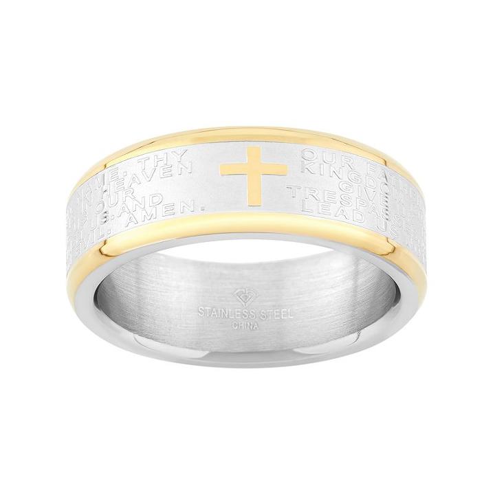 Two Tone Stainless Steel  The Lord's Prayer Cross Wedding Band - Men, Size: 9.50, Silver