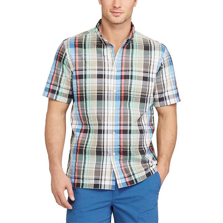 Men's Chaps Classic-fit Plaid Performance Button-down Camp Shirt, Size: Xl, Beig/green (beig/khaki)