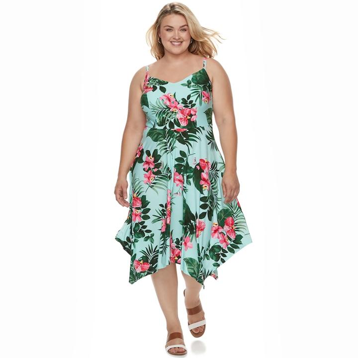 Plus Size Plu Size Suite 7 Floral Print Handkerchief Hem Dress, Women's, Size: 2xl, Turquoise/blue (turq/aqua)