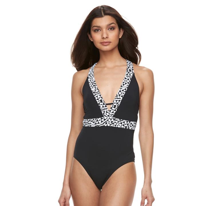 Women's Apt. 9&reg; Geometric-trim One-piece Swimsuit, Size: Medium, Black