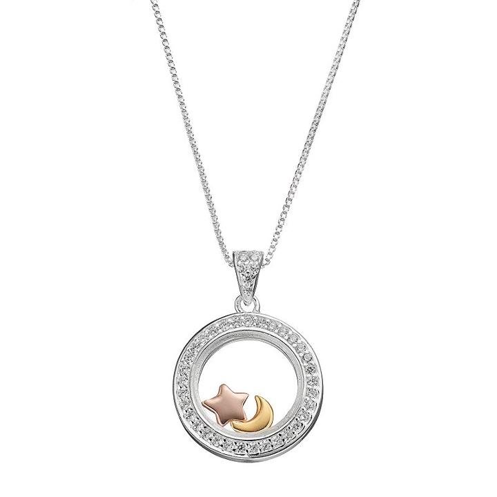 Timeless Sterling Silver Tri-tone Cubic Zirconia Star & Moon Floating Charm Pendant, Women's