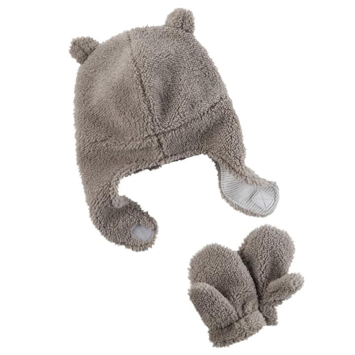 Baby Girl Carter's Plush Velboa Trapper Hat & Mittens Set, Size: 12-24 Month, Grey