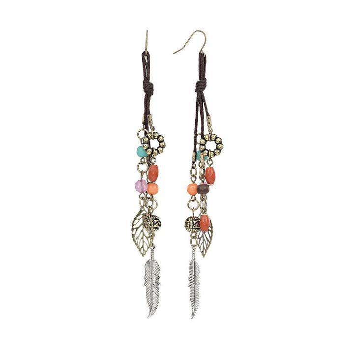 Mudd&reg; Two Tone Bead Leaf And Feather Charm Linear Drop Earrings, Women's, Multicolor
