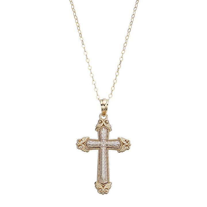 Two Tone 10k Gold Filigree Cross Pendant, Women's